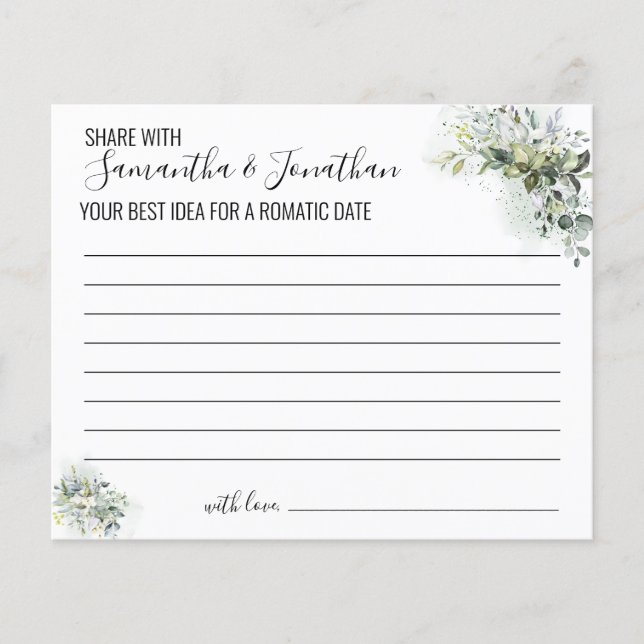 Eucalyptus Share a Date Idea Shower Game card (Front)