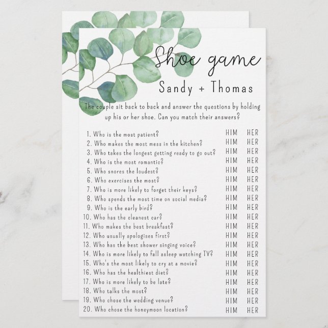 Eucalyptus - Shoe game bridal shower game (Front/Back)