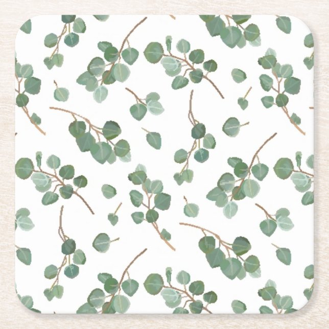 Eucalyptus Silver Dollar Tree Foliage Pattern Square Paper Coaster (Front)