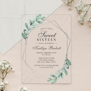 Eucalyptus Silver Geometric Sweet Sixteen Acrylic Invitations