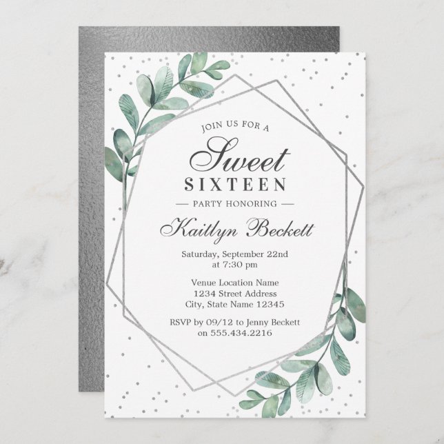 Eucalyptus Silver Geometric Sweet Sixteen Invitation (Front/Back)