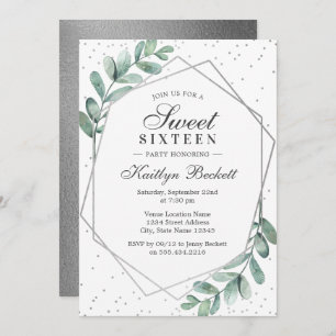Eucalyptus Silver Geometric Sweet Sixteen Invitation
