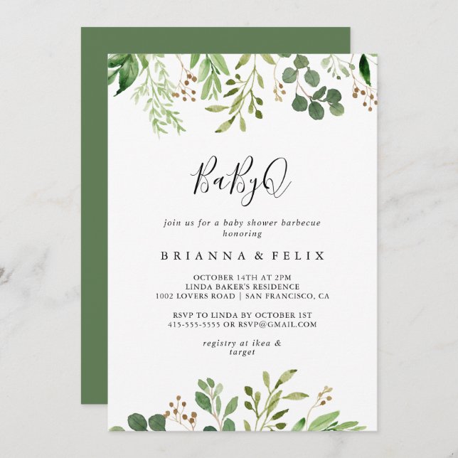 Eucalyptus Simple BabyQ Baby Shower Barbecue Invitation (Front/Back)