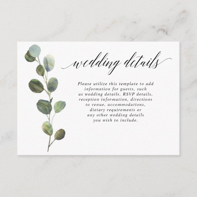 Eucalyptus simple black and white wedding details enclosure card (Front)
