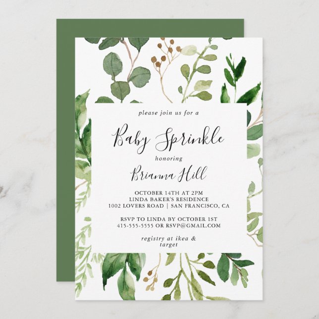 Eucalyptus Simple Brown Floral Baby Sprinkle Invitation (Front/Back)