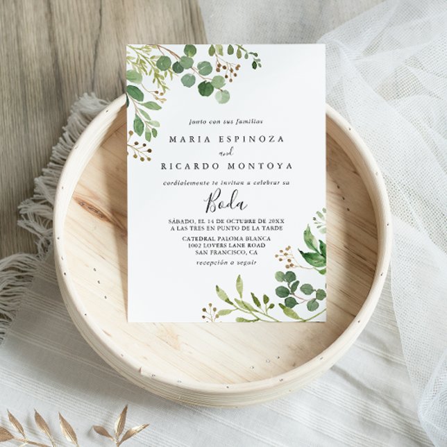 Eucalyptus Simple Brown Floral Spanish Wedding Invitation (Creator Uploaded)