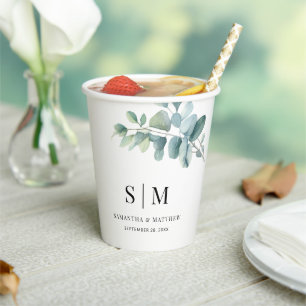Eucalyptus Simple Elegant Couple Monogram Wedding Paper Cups
