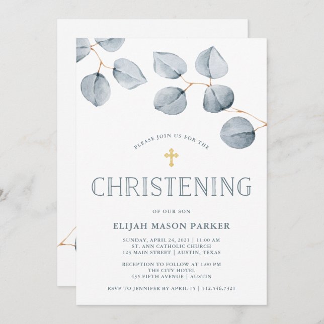 Eucalyptus Simplicity | Christening with Cross Invitation (Front/Back)