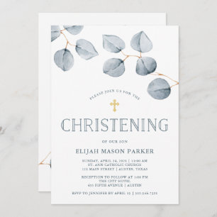 Eucalyptus Simplicity   Christening with Cross Invitation
