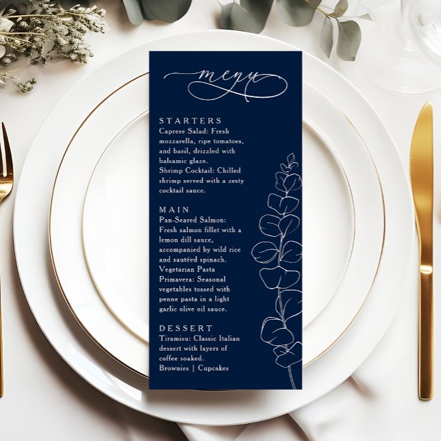 Eucalyptus Spring Navy Blue Wedding Dinner Menu (Creator Uploaded)