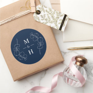 Eucalyptus Springs Monogram Navy Blue Wedding Classic Round Sticker