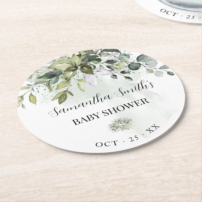 Eucalyptus Succulent Baby Shower Round Paper Coaster (Angled)