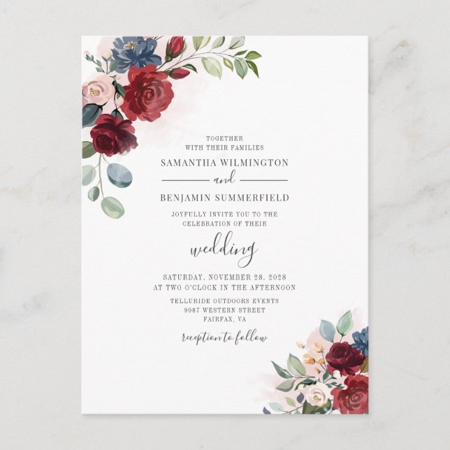 Eucalyptus Succulent Burgundy Floral Wedding Invitation Postcard (Front)