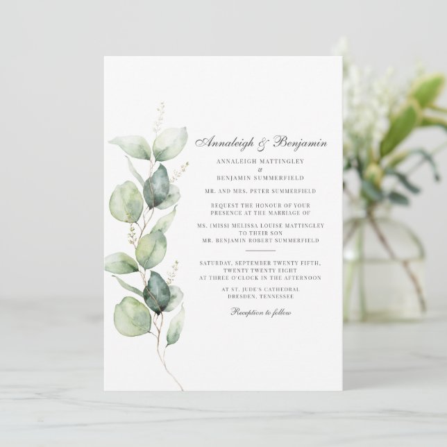 Eucalyptus Succulent Watercolor Botanical Wedding Invitation (Standing Front)