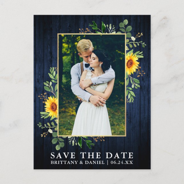 Eucalyptus Sunflower Blue Wood Save The Date Postcard (Front)