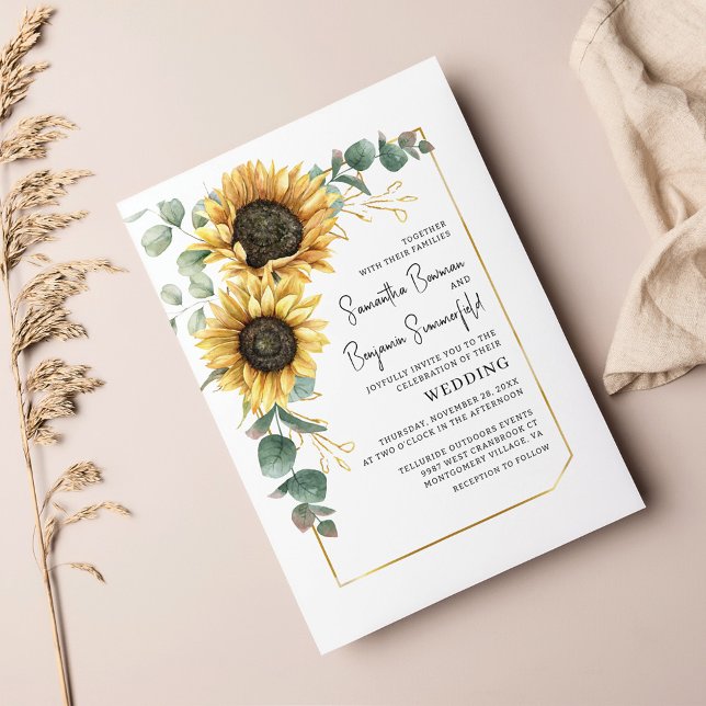 Eucalyptus Sunflower Budget Wedding Invitation Flyer (Sunflower Eucalyptus Floral Script Wedding Invitation)