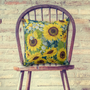 Eucalyptus Sunflower Collage on Blue Throw Pillow
