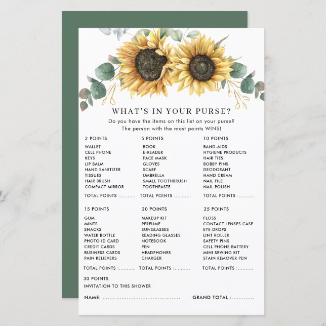 Eucalyptus Sunflower Floral Bridal Shower Game (Front/Back)