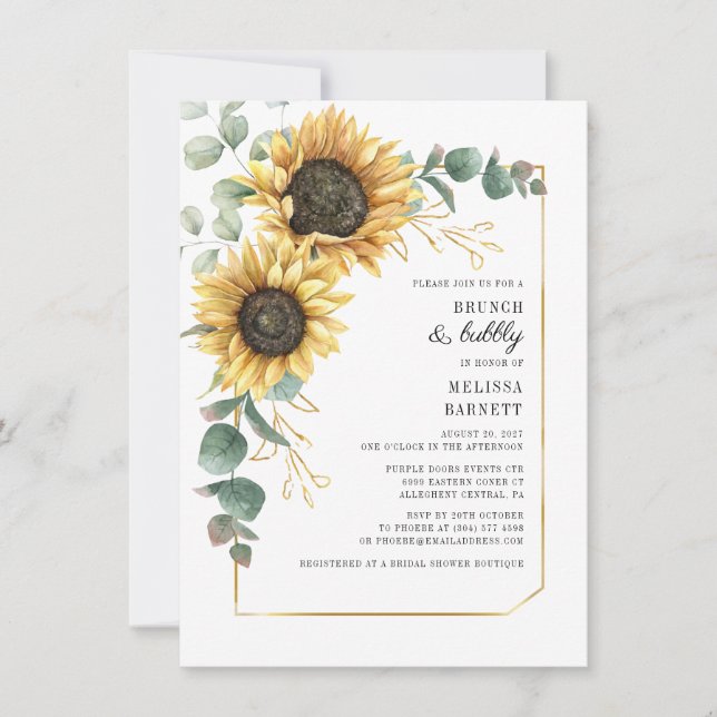 Eucalyptus Sunflower Floral Greenery Brunch Bubbly Invitation (Front)