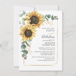 Eucalyptus Sunflower Floral Script 50th Birthday Invitation