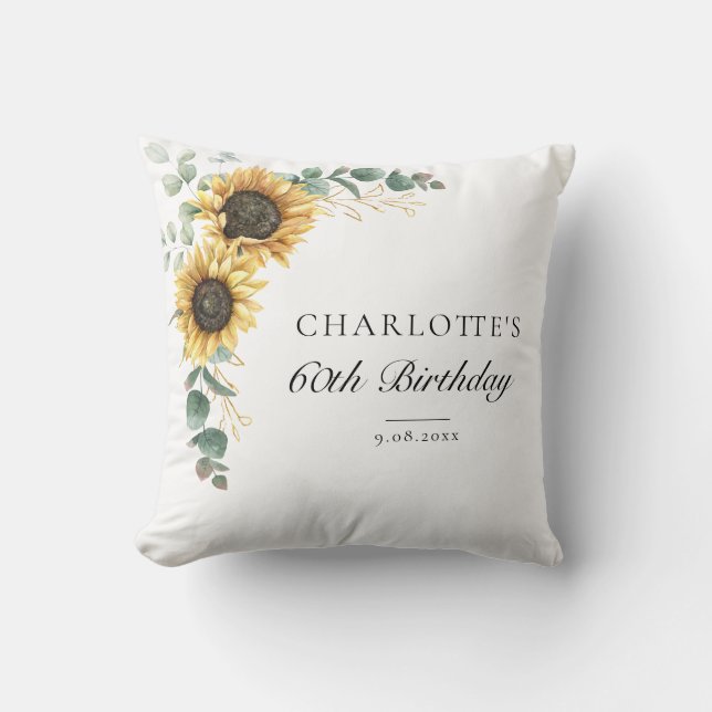 Eucalyptus Sunflower Floral Script 60th Birthday Cushion (Front)