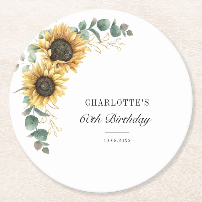 Eucalyptus Sunflower Floral Script 60th Birthday Round Paper Coaster (Front)
