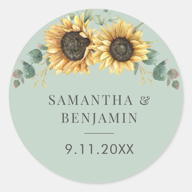 Eucalyptus Sunflower Floral Watercolor Wedding Classic Round Sticker (Front)