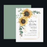 Eucalyptus Sunflower Floral Wedding Save Date<br><div class="desc">Create a modern Sunflower Floral save the date budget card with this cute template featuring beautiful rustic floral bouquet, geometric gold effect frame, with modern simple typography. TIP: Matching wedding suite cards like RSVP, wedding programs, banners, tapestry, gift tags, signs, and other wedding keepsakes and goodies are available in the...</div>