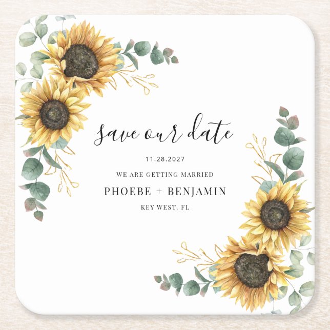 Eucalyptus Sunflower Floral Wedding Save the Date Square Paper Coaster (Front)
