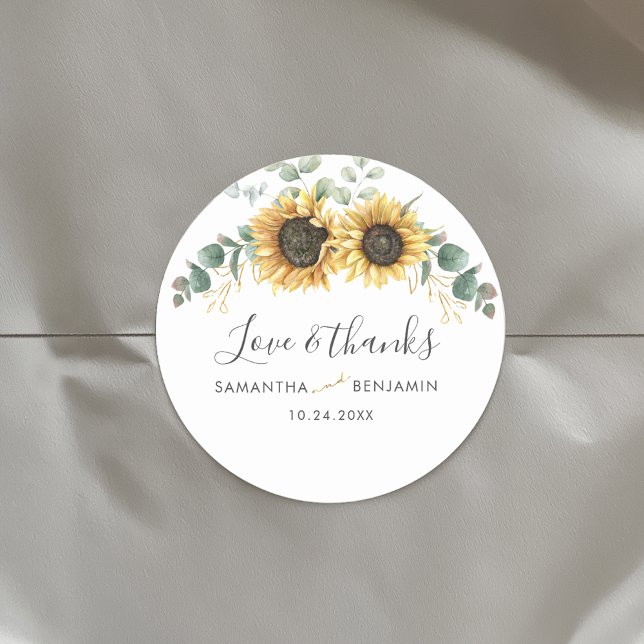 Eucalyptus Sunflower Floral Wedding Thank You Classic Round Sticker (Floral Sunflower Eucalyptus Elegant Script Wedding Envelope Seals Round Sticker)