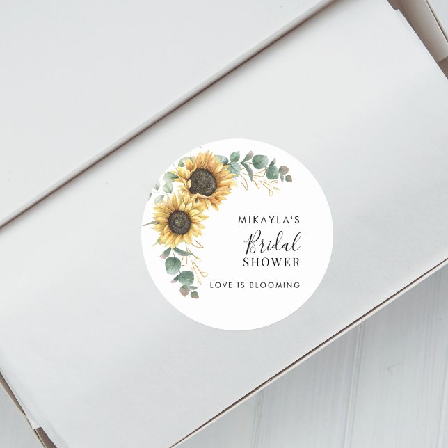 Eucalyptus Sunflower Flowers Bridal Shower Classic Round Sticker (Floral Sunflower Eucalyptus Green Bridal Shower Round Sticker)