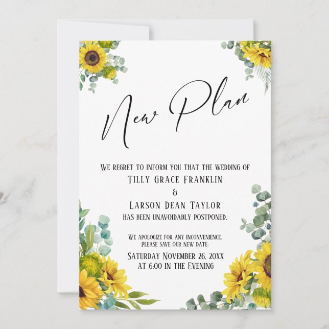 Eucalyptus Sunflower New Plan Delayed Wedding Card (Front)