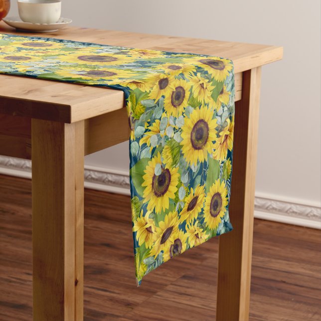 Eucalyptus Sunflower Pattern on Blue Medium Table Runner (In Situ)
