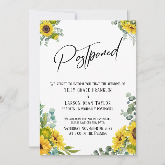 Eucalyptus Sunflower Postponed Wedding Card (Front)