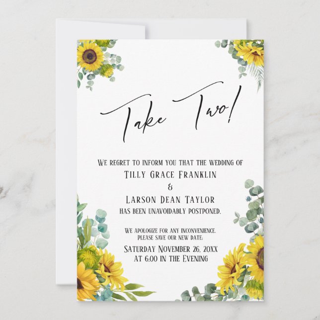 Eucalyptus Sunflower Postponed Wedding Take Two Invitation (Front)