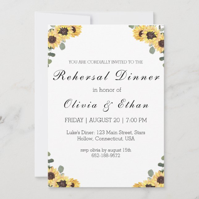 Eucalyptus sunflower rehearsal dinner invitations (Front)