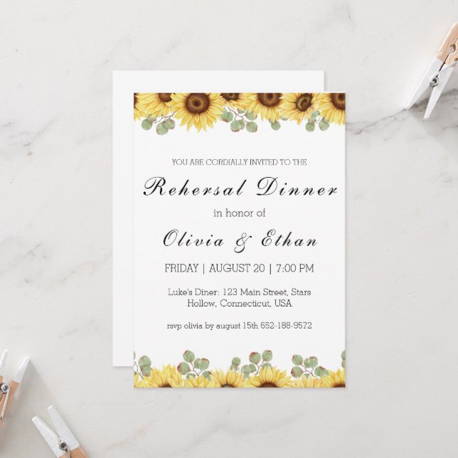 Eucalyptus sunflower rehearsal dinner invitations (Front/Back In Situ)