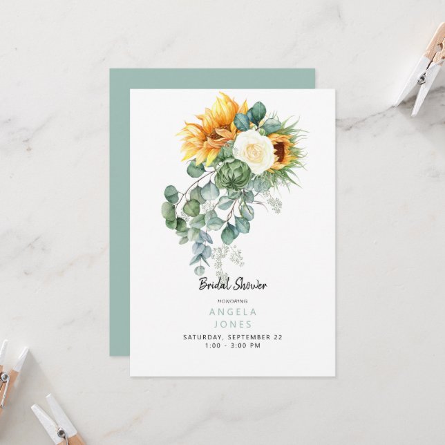 Eucalyptus Sunflower Turquoise Bridal Shower Invitation (Front/Back In Situ)