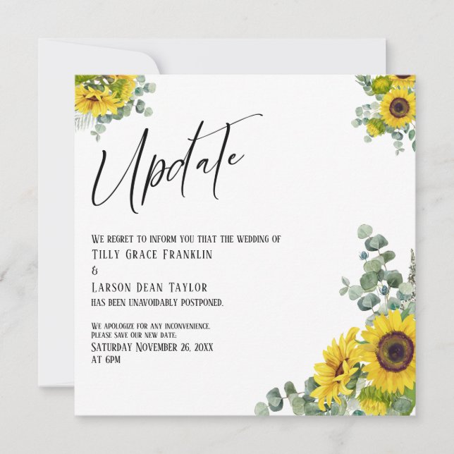 Eucalyptus Sunflower Update Wedding Delay Card (Front)