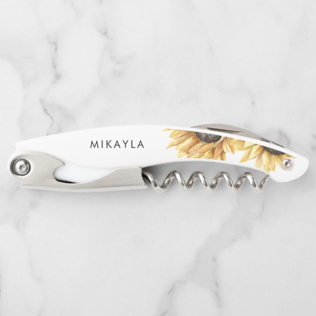 Eucalyptus Sunflower Wedding Favour Corkscrew (Front)