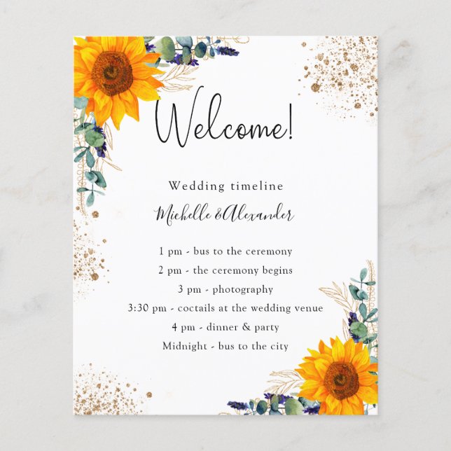 Eucalyptus sunflower wedding program details flyer (Front)
