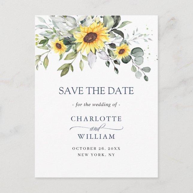 Eucalyptus Sunflower Wedding Save the Date QR code Postcard (Front)