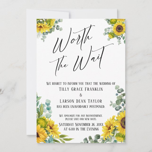 Eucalyptus Sunflower Worth the Wait Wedding Card (Front)