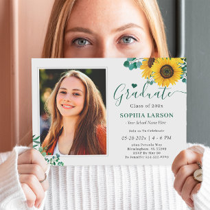 Eucalyptus Sunflowers Photo Graduation Celebration Invitation