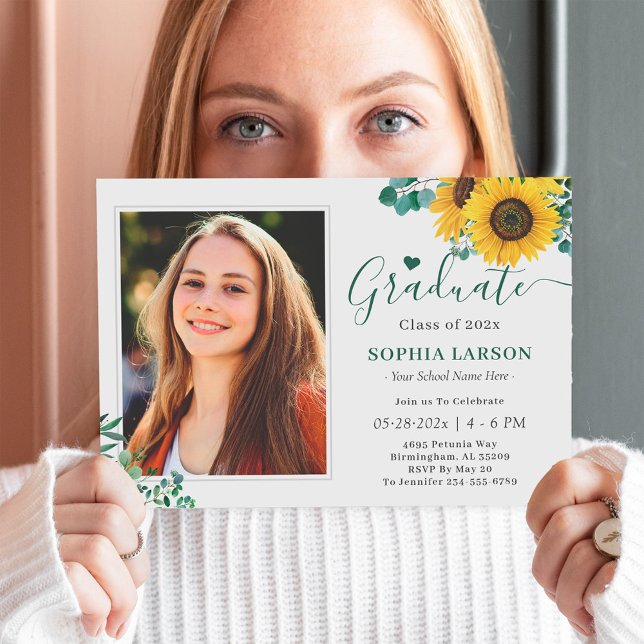 Eucalyptus Sunflowers Photo Graduation Celebration Invitation (Creator Uploaded)