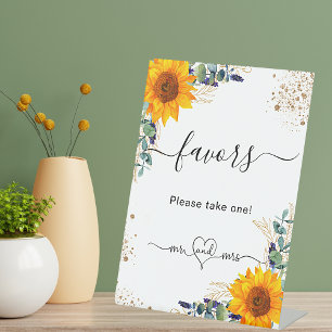Eucalyptus sunflowers wedding favours guests pedestal sign