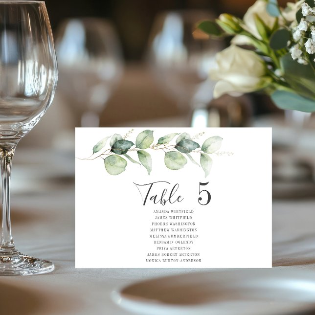 Eucalyptus Table Number 5 Wedding Seating (Eucalyptus Greenery Wedding Reception Script Table Number with Guest Names)