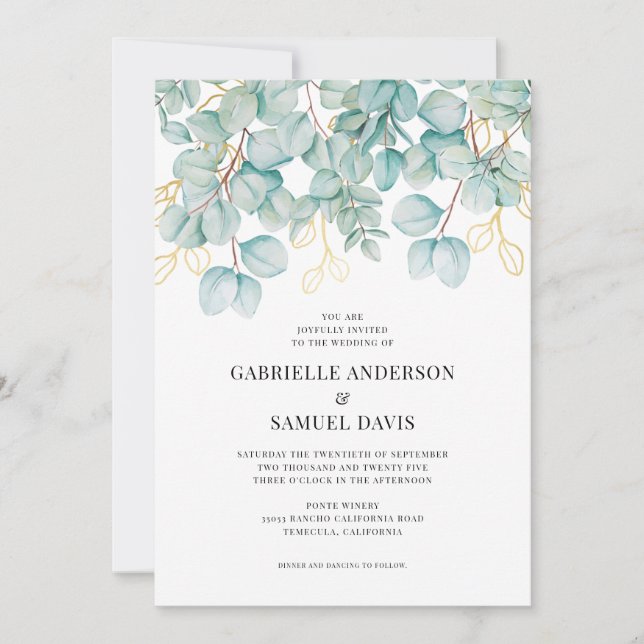 Eucalyptus Teal and Gold Greenery Wedding Invite (Front)