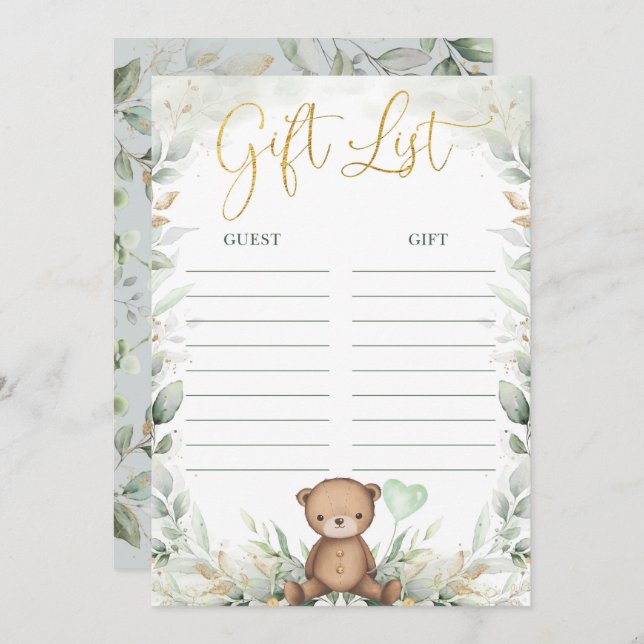 Eucalyptus Teddy Bear Balloon Baby Gift List Card (Front/Back)