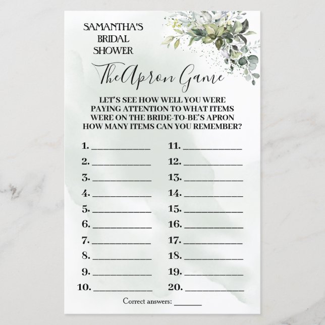 Eucalyptus The Apron bridal shower bilingual game (Front)
